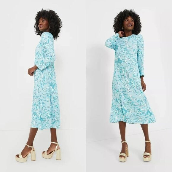 Hyacinth House NEW Blue Abstract Print Long Sleeve Hattie Midi Dress Size XXS